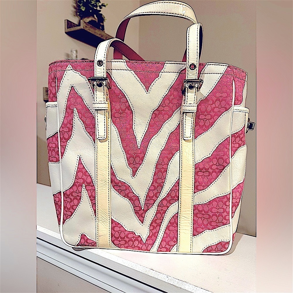 Authentic Coach pink and white Zebra stripe gallery tote